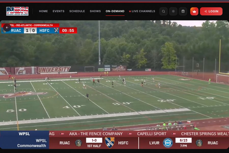 RUAC WPSL home match on the National Soccer Network, with the live scorebug at top left and partner names in the lower ticker