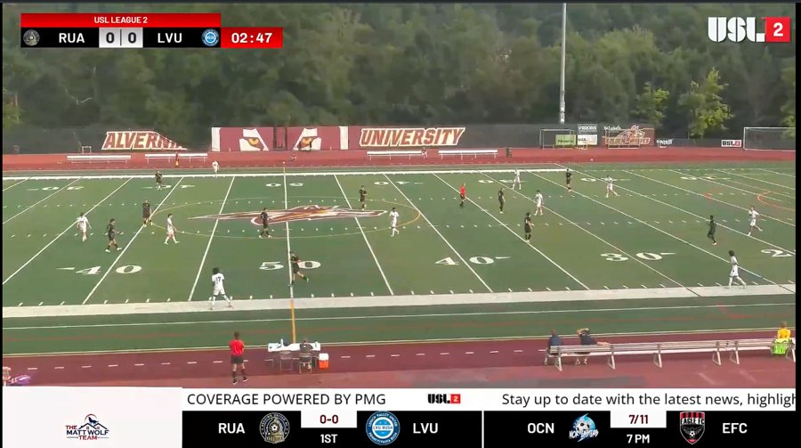 RUAC USL League Two home match stream at Alvernia University, with a partner logo in the lower broadcast bar